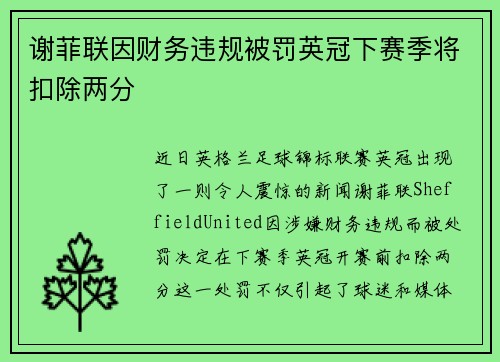 谢菲联因财务违规被罚英冠下赛季将扣除两分