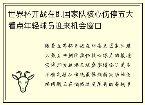 世界杯开战在即国家队核心伤停五大看点年轻球员迎来机会窗口